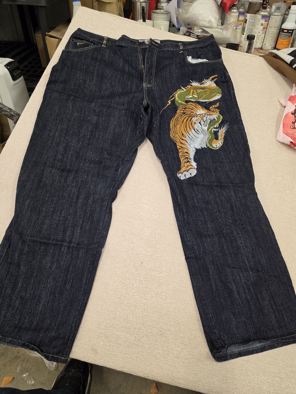 Vintage Y2K Kanji Premium Embroidered Dragon Tiger Baggy Jeans 44x34 Hip Hop
